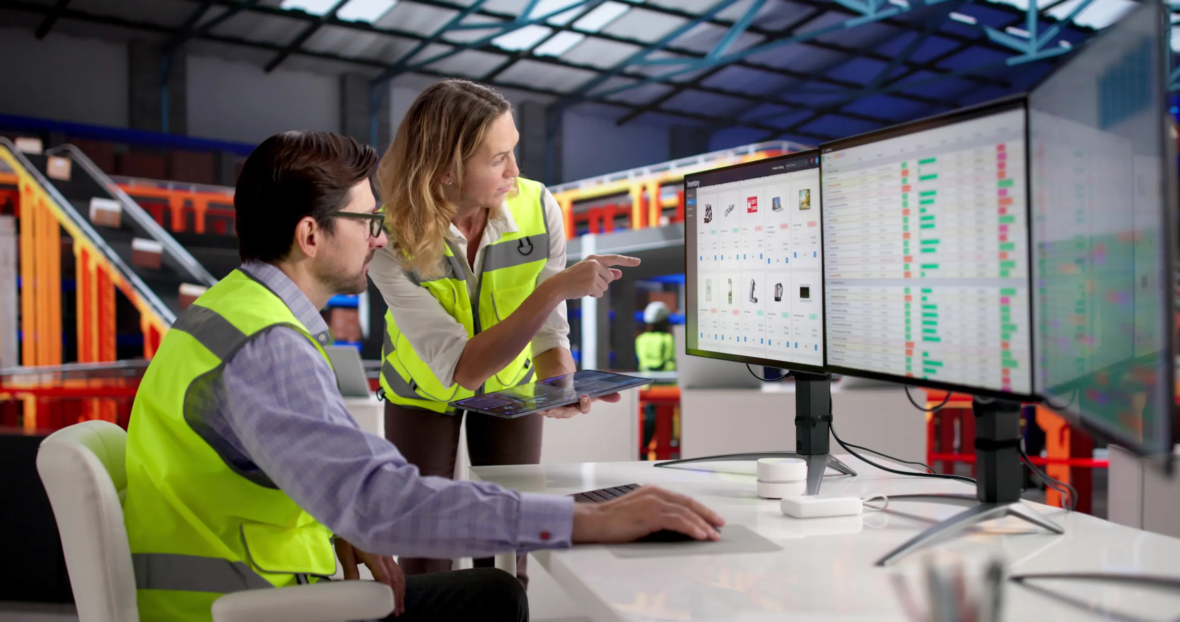 Integrated systems platform diagram linking ERP, WMS, transportation and data analytics across a warehouse