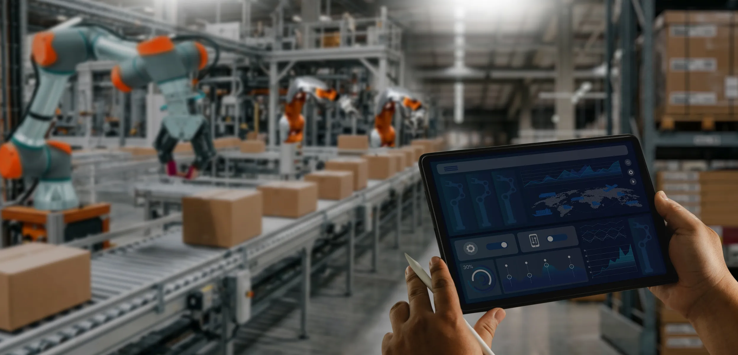 Warehouse automation with a collaborative robot and autonomous mobile robots alongside a systems integration panel
